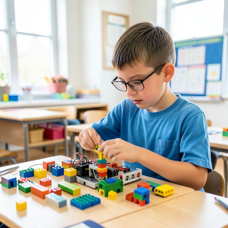 A boy wearing glasses assembling a colorful robotics kit with building blocks at a classroom desk.
